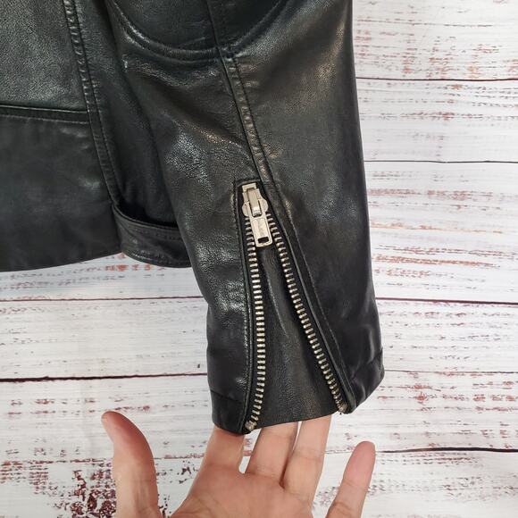 BLK DNM Black Leather Moto Biker Jacket Women's M Zip Bomber Coat Buckle Belted - Picture 8 of 16